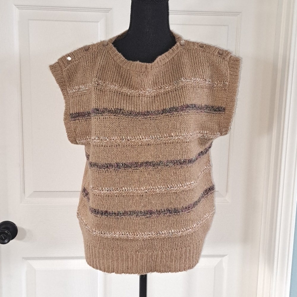 Vintage Wool Blend Joyce Sweater Vest Tan  Shoulder Button Knit Granny 80's